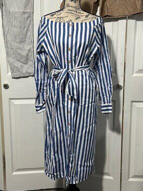 Women's Banana Republic Vertical Stripped Button Up Belted Midi Dress